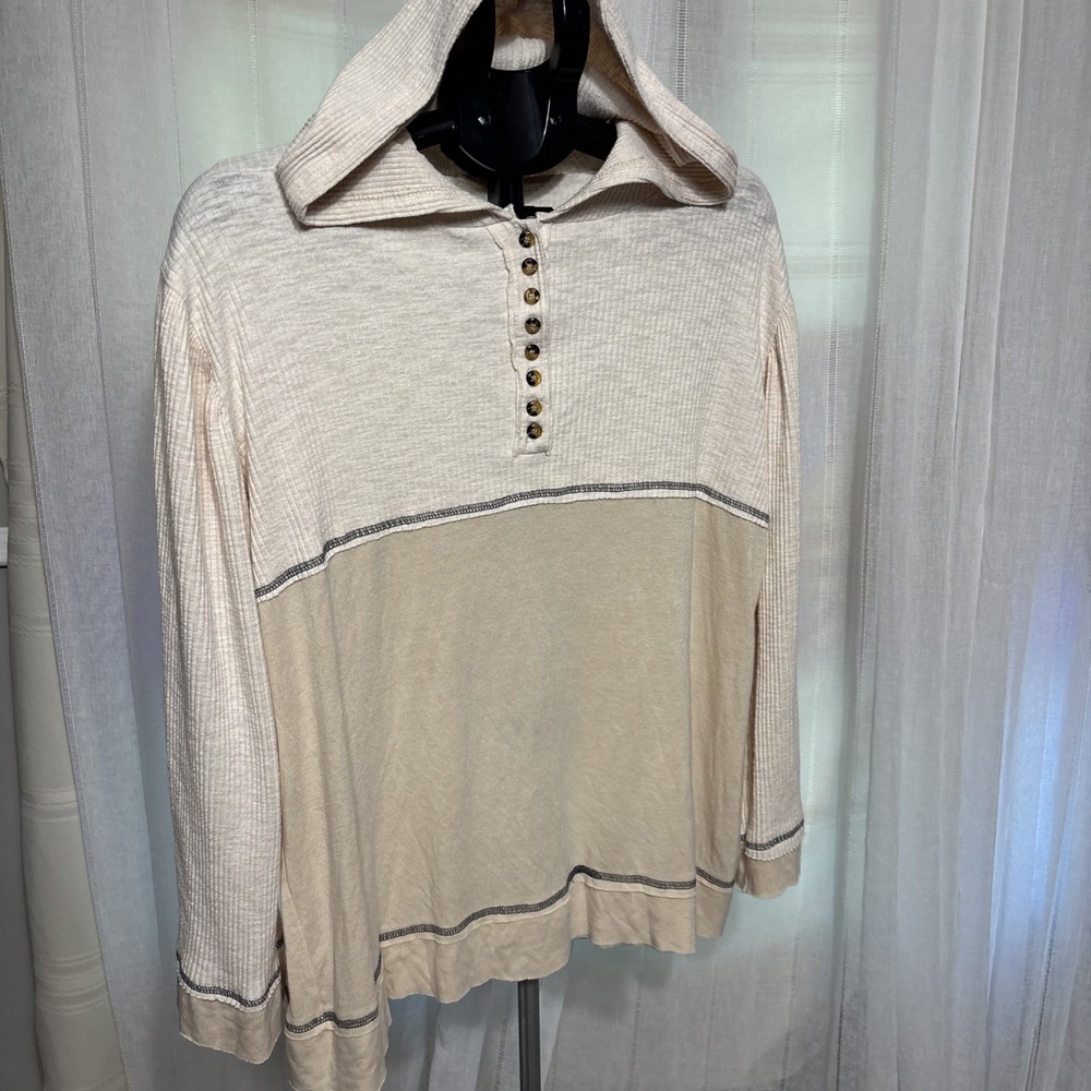POL Womens M Pullover Waffle Knit Hoodie Top Burgundy‎ V-Neck